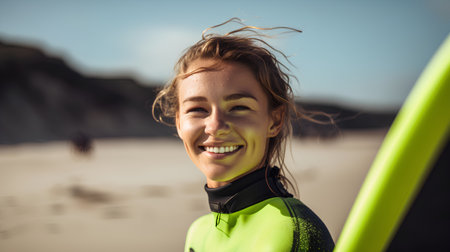 Portrait of a smiling surfer girl with surfboard on the beachの素材