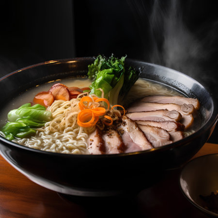 japanese ramen noodle soup with pork and vegetables in black bowlの素材