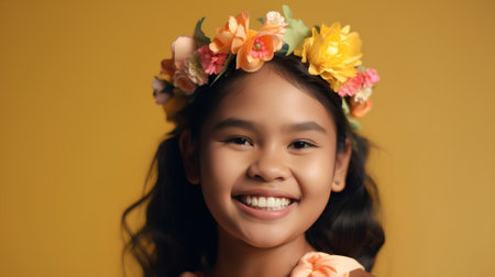 Portrait of smiling little girl with flower wreath on her headの素材