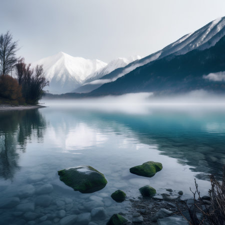 Mountain lake with mist and reflection in the water. Winter landscapeの素材