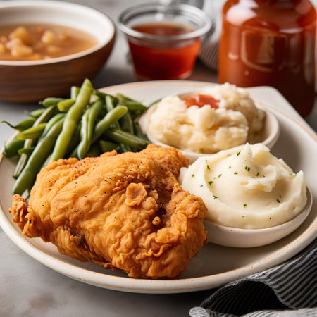 Crispy fried chicken with mashed potatoes and green beans, horizontalの素材
