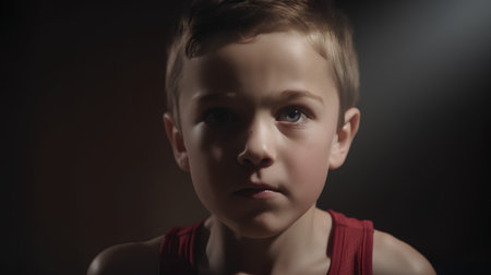 Portrait of a boy on a dark background. Close-up.の素材