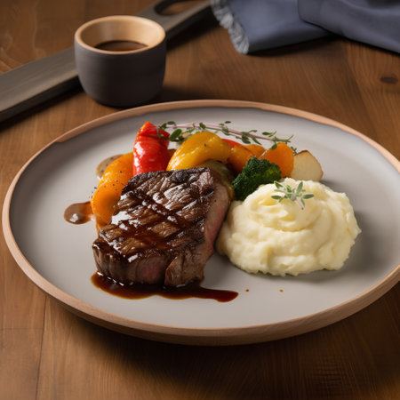 Grilled beef fillet with mashed potato and vegetables on a plateの素材