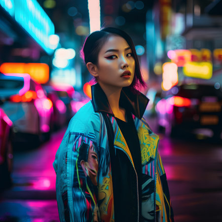 Beautiful asian woman in the city at night with neon lightの素材
