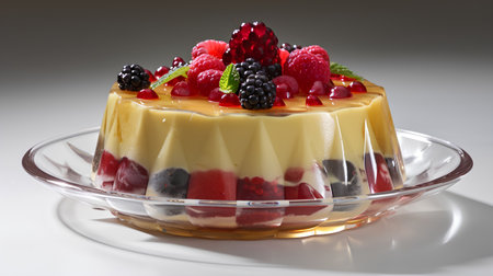 Panna cotta with fresh berries on a glass plate on a gray backgroundの素材