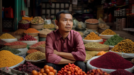 Portrait of an old asian man at a market in Indiaの素材