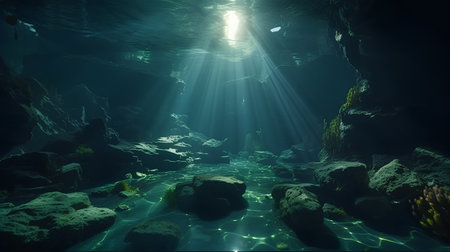 Underwater view of the underwater cave with sunlight shining through the waterの素材