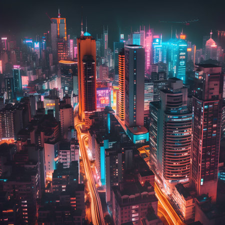 Aerial view of modern skyscrapers at night in Shanghai, China.の素材