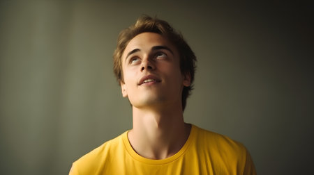 Portrait of a handsome young man in yellow t-shirt looking upの素材