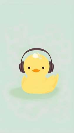 Cute yellow duck with headphones on green background. Vector illustration.の素材
