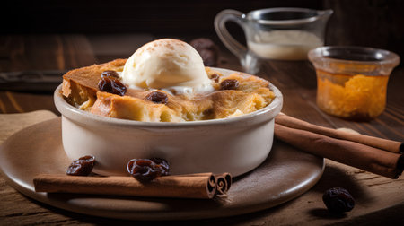 Cottage cheese casserole with raisins and vanilla ice creamの素材