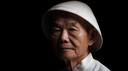 Portrait of an old Asian man wearing a hat on black backgroundの素材