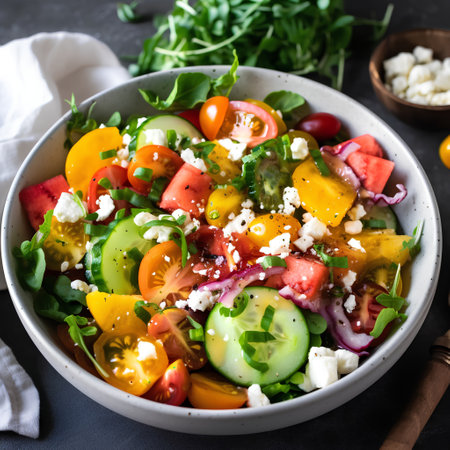 Healthy salad with tomatoes, cucumbers, red onion, feta cheese and arugulaの素材
