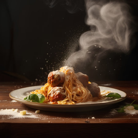 spaghetti with meatballs and parmesan on a wooden tableの素材