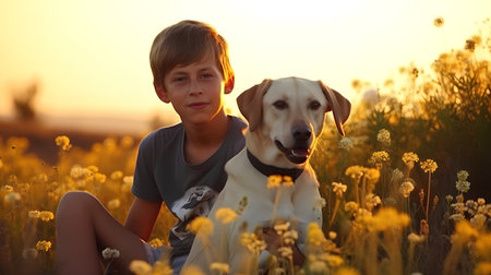 boy with labrador retriever in the yellow flowers field at sunsetの素材