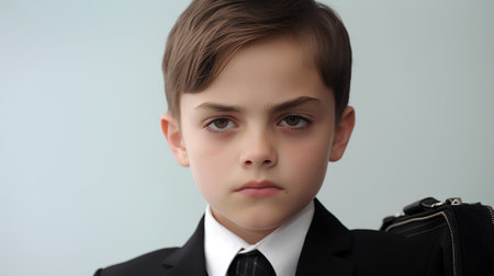 Portrait of a boy in a business suit with a briefcaseの素材