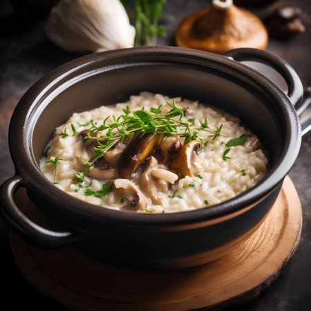 Risotto with wild mushrooms and thyme in a ceramic potの素材