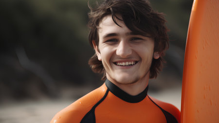 Portrait of a young surfer with orange surfboard on the beachの素材