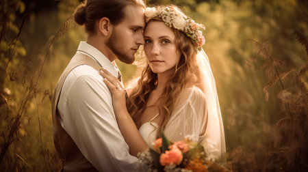 Wedding couple on the nature. Beautiful girl in a wreath on her headの素材