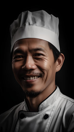 Portrait of a smiling male chef wearing a chef hat against a black backgroundの素材