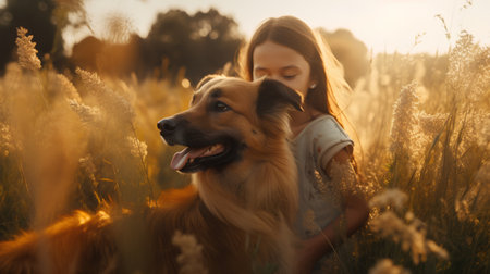 Girl with her dog in a wheat field at sunset. Friendship.の素材