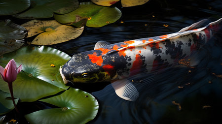 Koi fish in the pond with lotus leafs and lotus flowerの素材