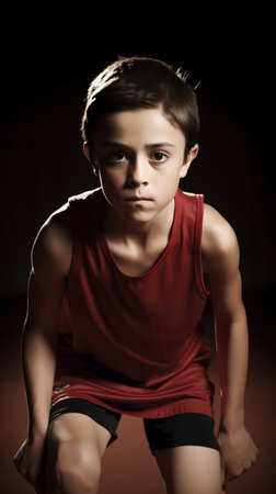 portrait of a boy in red sportswear on dark backgroundの素材