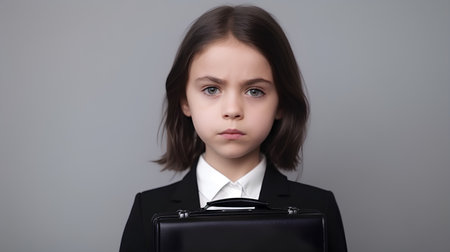 Portrait of a cute little girl with briefcase over grey backgroundの素材