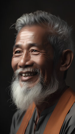 Portrait of a smiling senior asian man with long white beardの素材