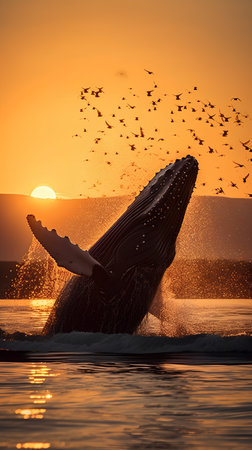Humpback whale jumping out of water at sunset. Wildlife scene from nature.の素材