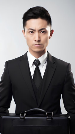 Portrait of young handsome asian businessman in black suit with briefcaseの素材