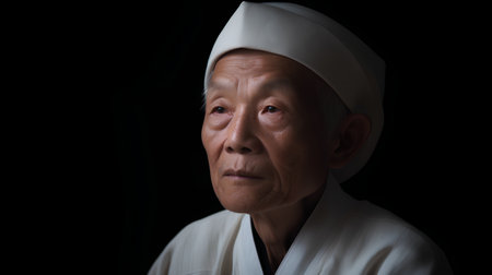 Senior Japanese chef in traditional costume on black background, close-upの素材