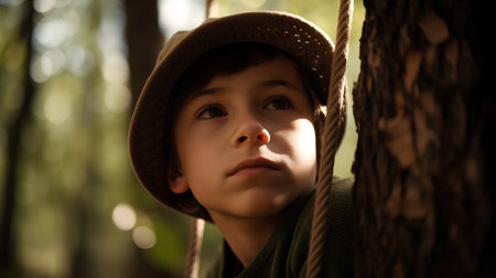 Portrait of a boy in a hat on a swing in the forestの素材