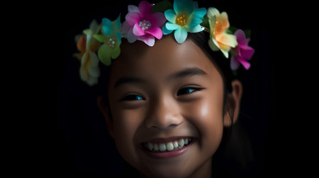 Portrait of a cute little girl with flowers in her hair.の素材