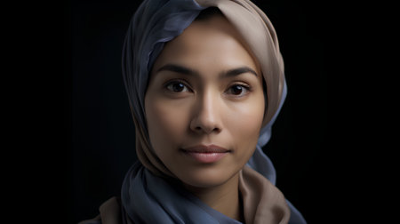 Portrait of muslim woman with hijab looking at camera over black backgroundの素材