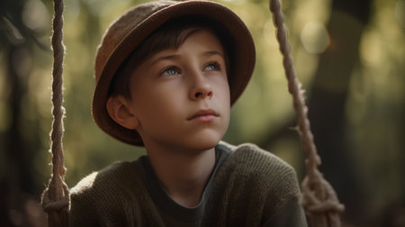Portrait of a boy in a hat on a swing in the forest.の素材