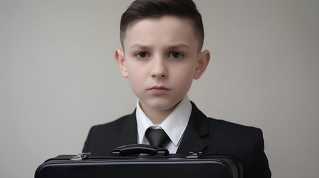 Portrait of a boy in a suit with a briefcase.の素材