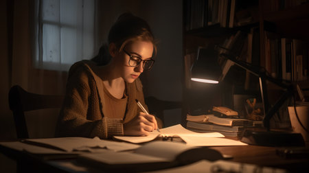 Young woman doing her homework at night in the dark. Student studying at homeの素材