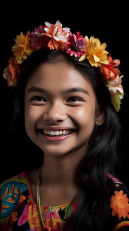 Portrait of a beautiful young asian girl with flower wreathの素材