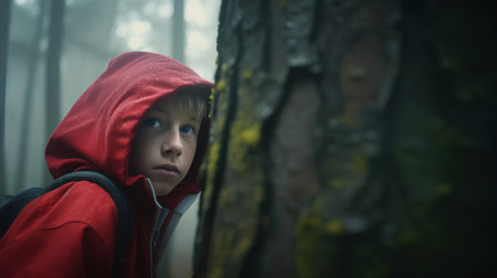 Portrait of a boy in a red raincoat in the forestの素材