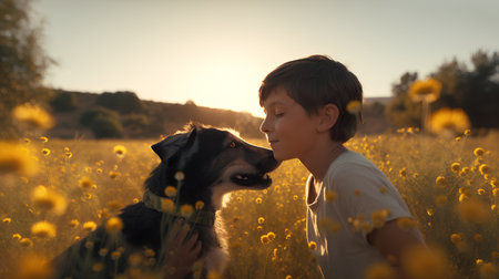 Little boy kissing his dog in a field of yellow flowers at sunsetの素材
