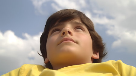 Portrait of a boy looking up against the blue sky with cloudsの素材