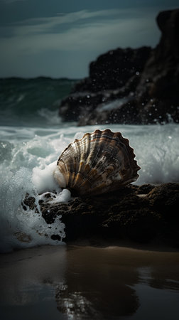 Scallop shell on the seashore in the evening.の素材