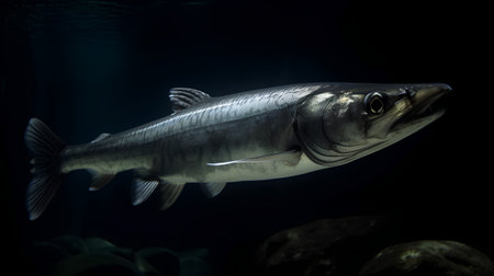 Barracuda fish swimming in the water in a dark aquarium.の素材