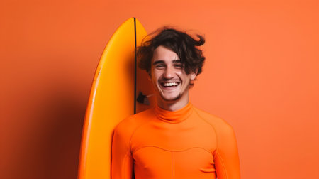 Surfer in orange t-shirt with surfboard on orange backgroundの素材