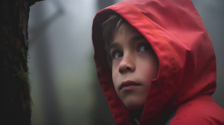 Portrait of a boy in a red raincoat in the forestの素材