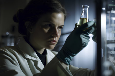Young female scientist working in a laboratory (color toned image)の素材
