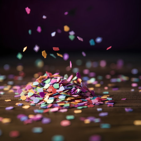 Colorful confetti on wooden background. Shallow depth of field.の素材