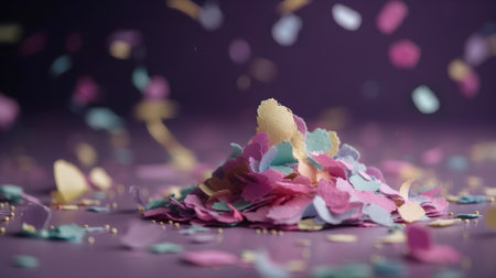 Colorful confetti on purple background with bokeh effect.の素材