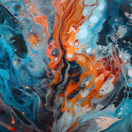 Abstract background of acrylic paint in blue, orange and black color tonesの素材